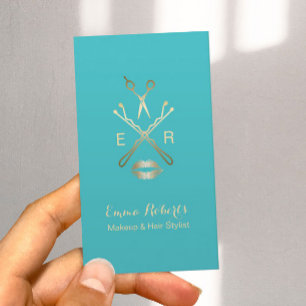 Makeup & Hair Stylist Turquoise Gold Scissor Lips Business Card