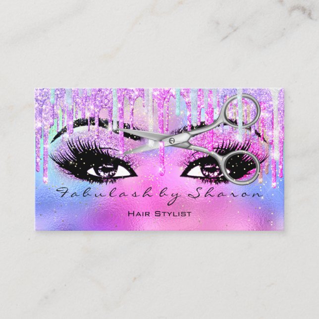 Makeup Hairs Lashes Glitter Drips Scissors Pink Business Card (Front)