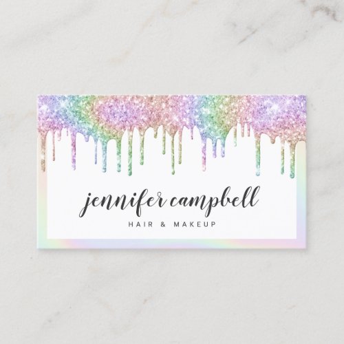 Makeup holographic unicorn glitter drips white business card