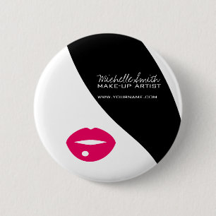Makeup Icon Woman face in black white pink lips Button