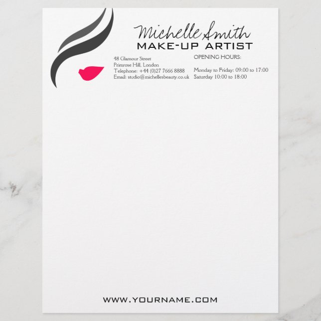 Makeup Icon Woman face in black white pink lips Letterhead (Front)