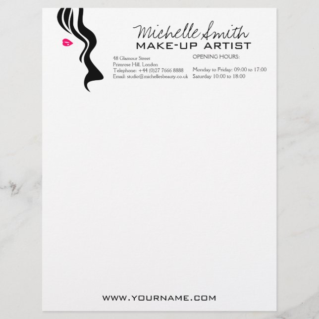 Makeup Icon Woman face in black white pink lips Letterhead (Front)