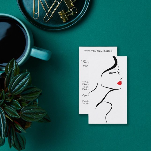 Makeup Icon Woman face in black white red lips Business Card (Creator Uploaded)