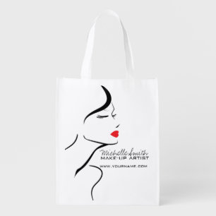 Makeup Icon Woman face in black white red lips Grocery Bag