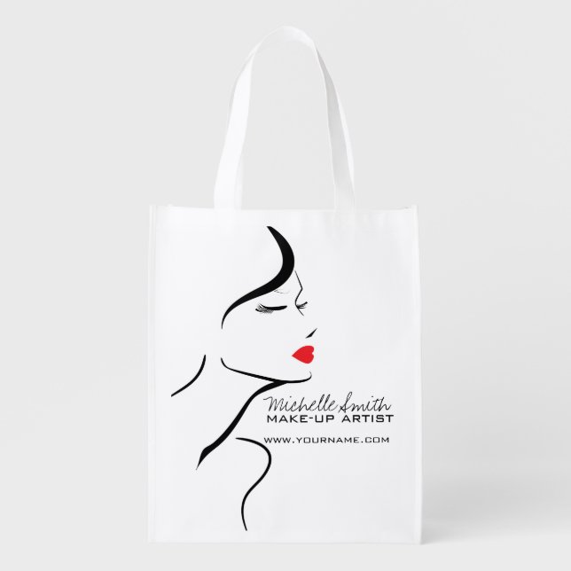 Makeup Icon Woman face in black white red lips Grocery Bag (Front)