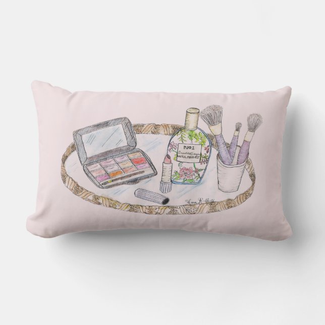Makeup Illustration Antique Makeup Tray Lumbar Pillow (Front)