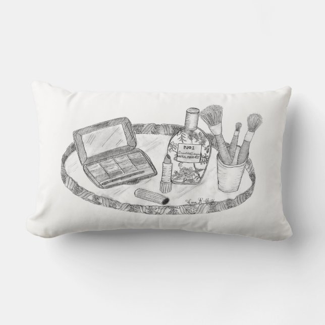 Makeup Illustration Antique Makeup Tray Lumbar Pillow (Front)