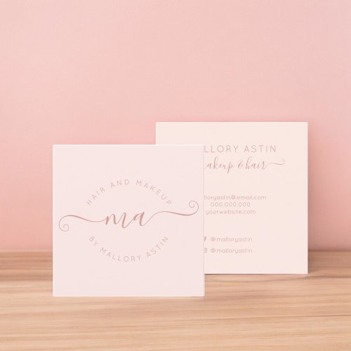 Makeup initials logo modern blush pink minimalist square business card