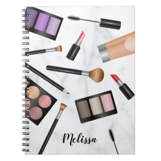 Makeup Items Illustration On Faux Marble & Name Notebook