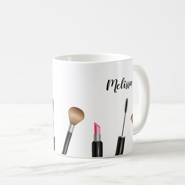 Makeup Items Illustration & Personalized Name Coffee Mug (Front Right)