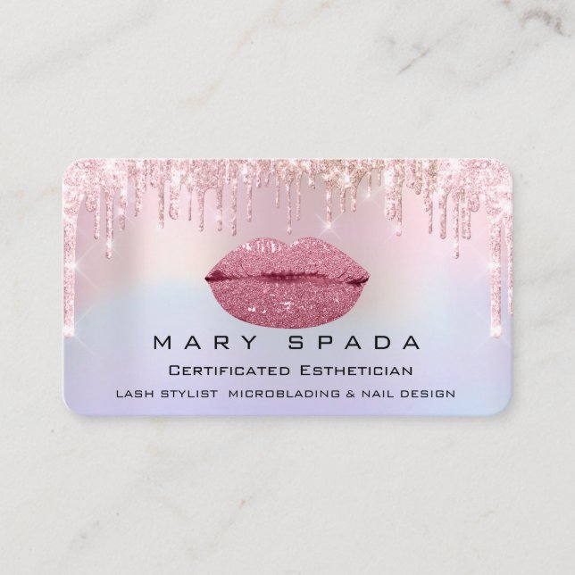 Makeup Kiss Lips Lashes Pink Holographic Drips Business Card (Front)