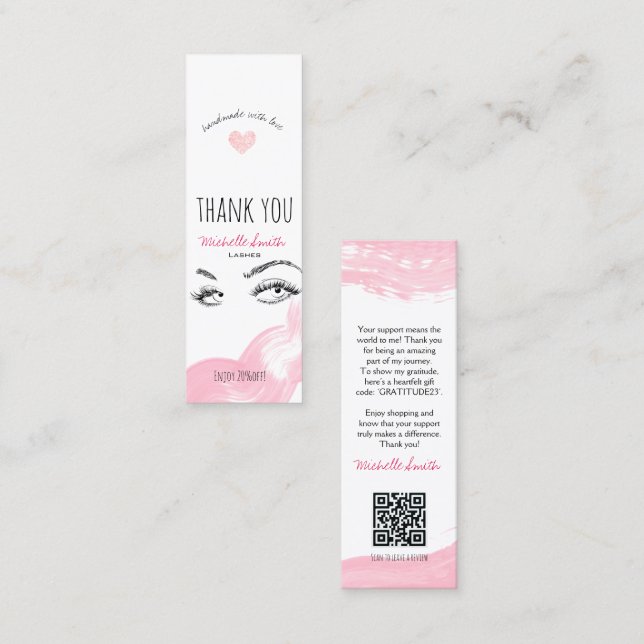 Makeup Lashes Brow Pink Thank you Qr Code Discount Mini Business Card (Front/Back)