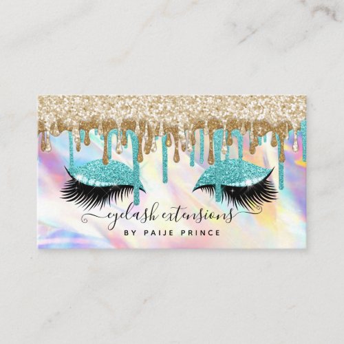 Makeup Lashes Glitter Drip Turquoise Holograph Business Card