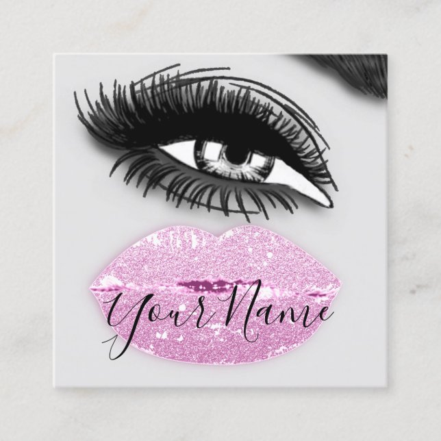 Makeup Lashes Gray Kiss Lips Logo  QR Code  Square Business Card (Front)