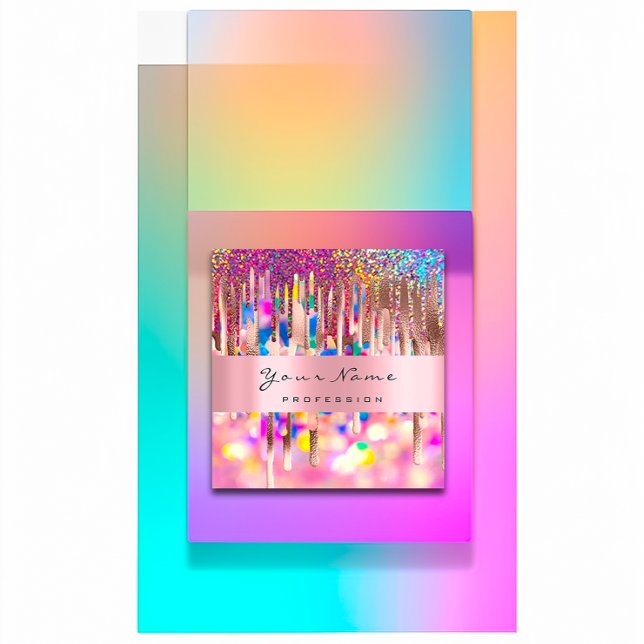 Makeup Lashes Nails Pink Unicorn Holograph Drips Square Business Card (Makeup Lashes Nails Pink Unicorn Holograph Drips Square Business Card)