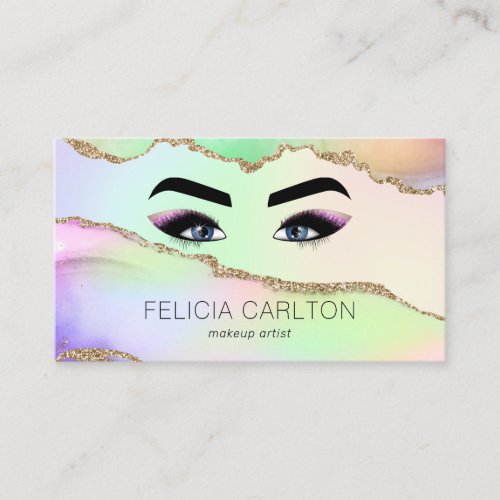 Makeup & Lashes Pastel Rainbow & Gold Glitter Business Card - Colorful beauty business cards featuring a rainbow gradient background with gold glitter edging, glamorous eyes with eyelash extensions, your name, title, contact details, and social media icons. The icons can be removed by clicking on personalize and then tap to customize further.