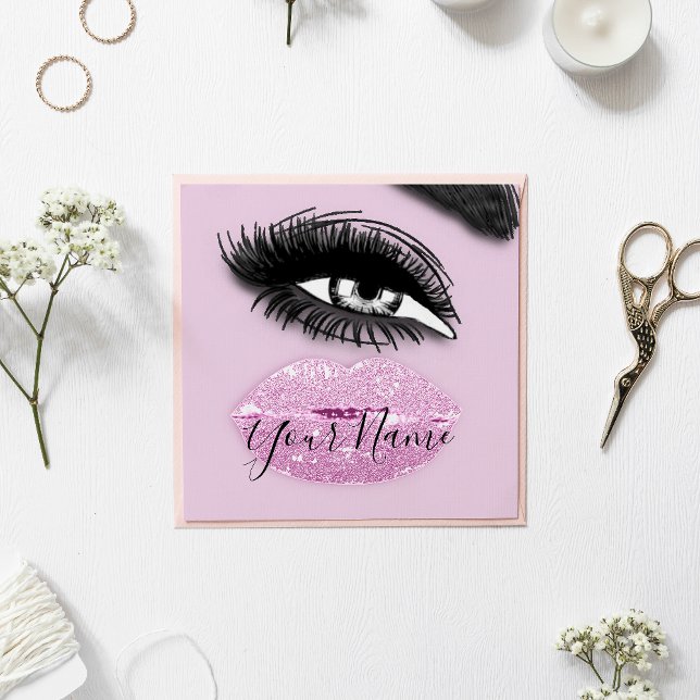 Makeup Lashes Pink Kiss Lips Logo  QR Code  Square Business Card (Creator Uploaded)
