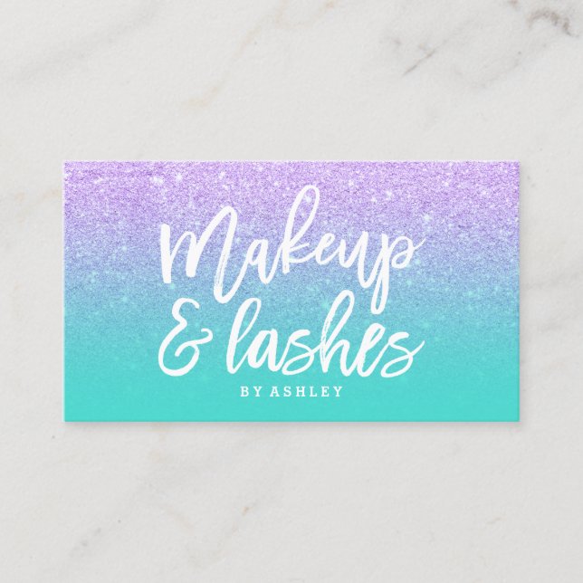 Makeup lashes typography faux lavender glitter business card (Front)