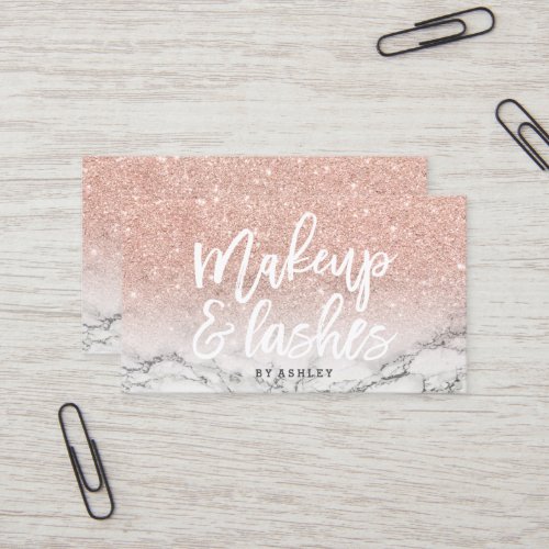 Makeup lashes typography rose gold glitter marble business card