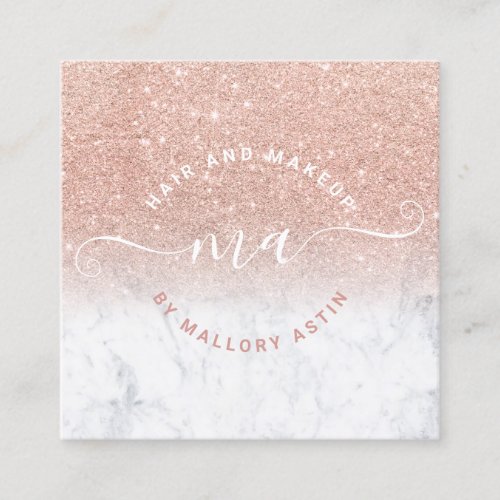 Makeup logo modern marble rose gold glitter square business card