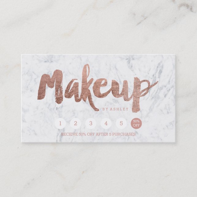 Makeup loyalty punch rose gold typography marble card (Front)