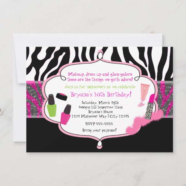 Makeup Makeover Zebra Birthday Party Invitation (Front)