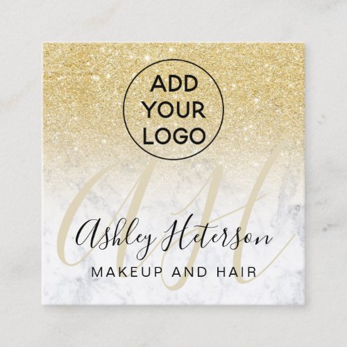 Makeup marble chic gold glitter logo monogram square business card