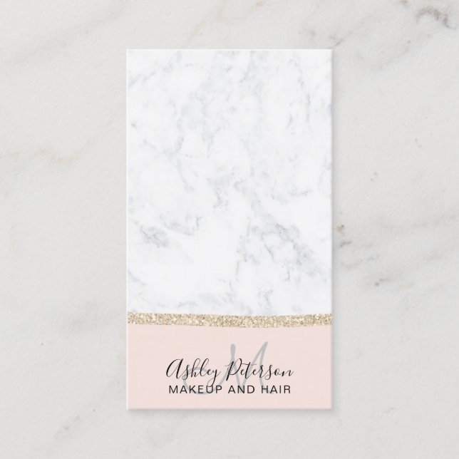 Makeup marble light gold glitter monogram blush business card (Front)