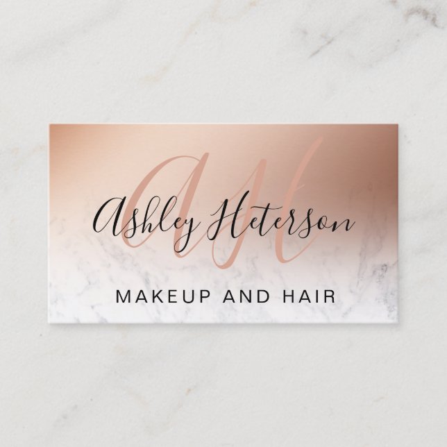 Makeup marble rose gold foil script monogrammed business card (Front)