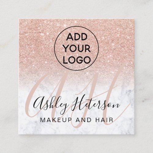 Makeup marble rose gold glitter logo monogram square business card