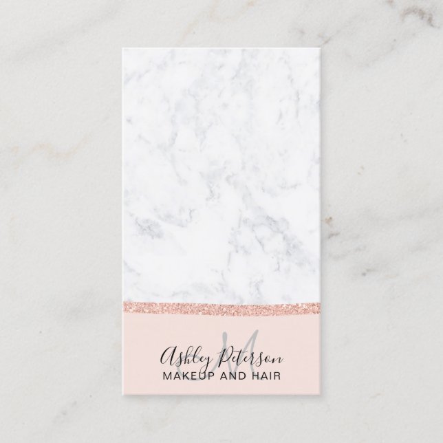 Makeup marble rose gold glitter monogram blush business card (Front)