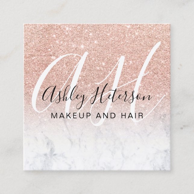 Makeup marble rose gold glitter script monogram square business card (Front)