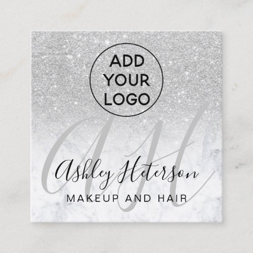 Makeup marble silver glitter logo monogram square business card