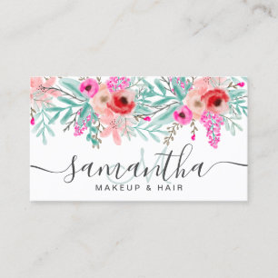 Makeup mint pink floral watercolor monogrammed business card