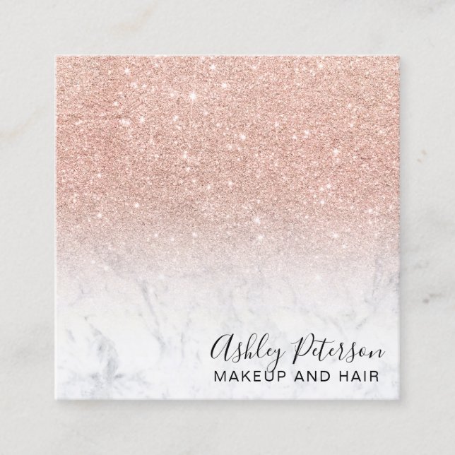 Makeup modern typography rose gold glitter marble square business card (Front)