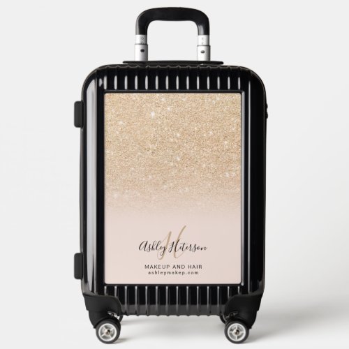 Makeup monogram blush gold glitter script luggage