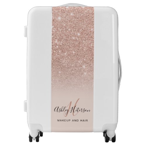 Makeup monogram blush rose gold glitter script luggage