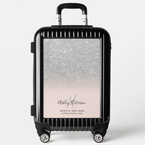 Makeup monogram blush silver glitter script luggage
