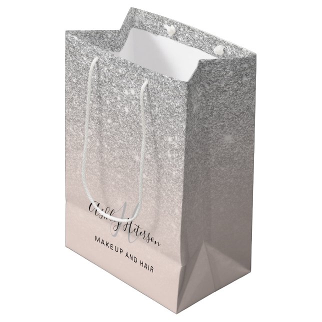 Makeup monogram blush silver glitter script medium gift bag (Front Angled)