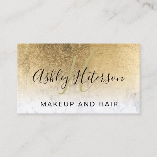 Makeup monogram chic gold foil marble script business card