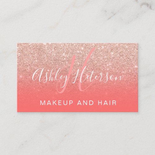 Makeup monogram coral rose gold glitter script business card