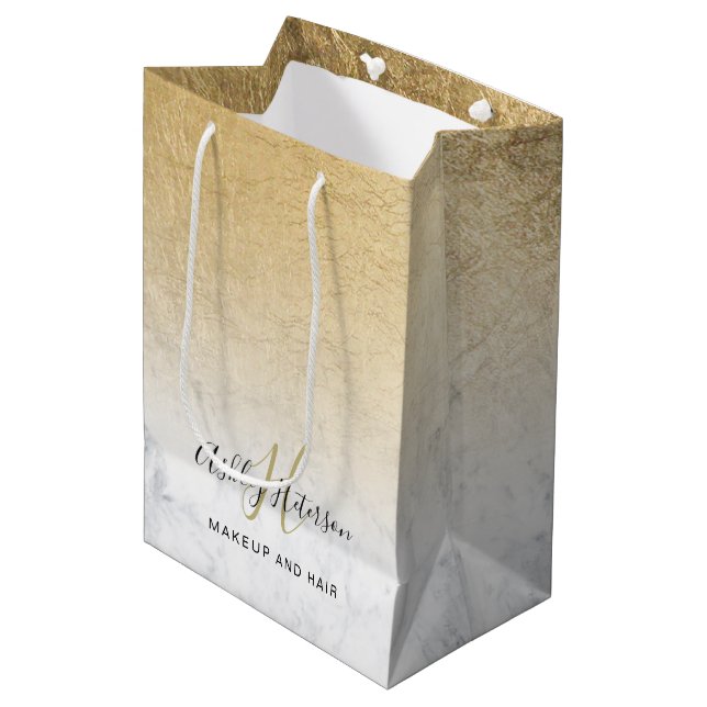 Makeup monogram marble chic gold foil script medium gift bag (Front Angled)