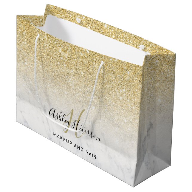 Makeup monogram marble gold glitter script large gift bag (Front Angled)
