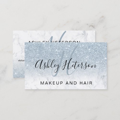 Makeup monogram marble ice blue glitter script  business card