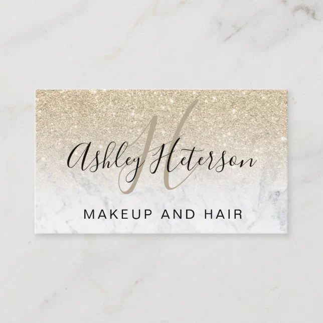 Makeup monogram marble light gold glitter script business card | Zazzle