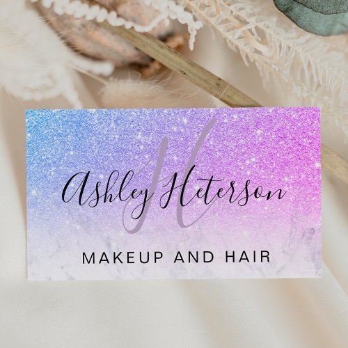 Makeup monogram marble pink glitter script business card