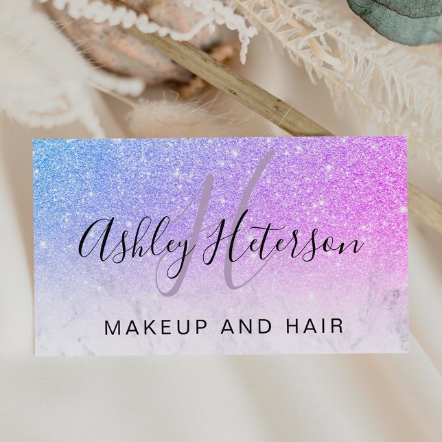 Makeup monogram marble pink glitter script business card (Creator Uploaded)