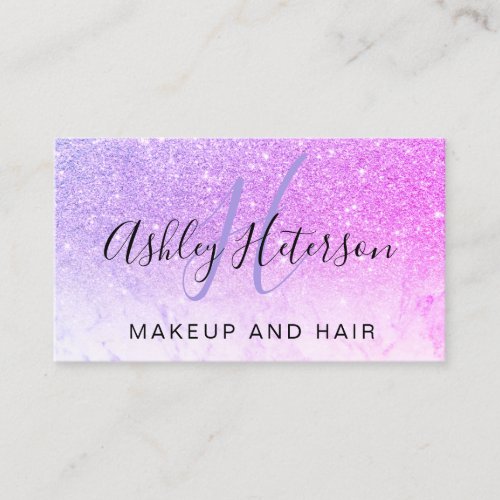 Makeup monogram marble purple pink glitter script business card