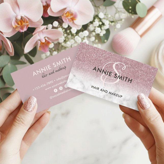 Makeup Monogram Marble Rose Gold Glitter Ombre Business Card (Creator Uploaded)