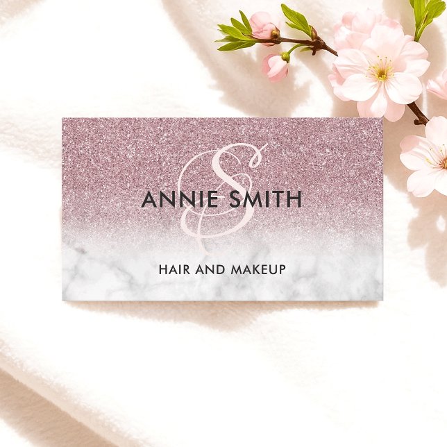 Makeup Monogram Marble Rose Gold Glitter Ombre QR Business Card (Creator Uploaded)